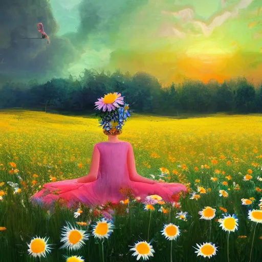 Image similar to giant daisies flower as head, girl sitting in a flower field, surreal photography, sunrise, dramatic light, impressionist painting, colorful clouds, digital painting, artstation, simon stalenhag