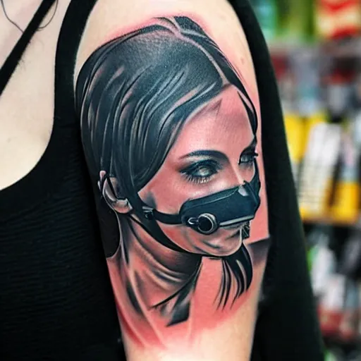 Prompt: tattoo of woman taking mech mask from her face, concept art