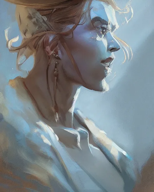 Image similar to greg manchess portrait of hollywood painting, d & d, fantasy, medium shot, asymmetrical, intricate, elegant, matte painting, illustration, hearthstone, by greg rutkowski, by greg tocchini, by james gilleard, by joe fenton, dynamic lighting, gradient light blue, brown, blonde cream and white color scheme, grunge aesthetic