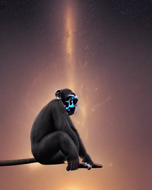 Prompt: very detailed high resolution illustration of a chimpanzee, backlit, stars, night, surrounded, 3 d, 8 k, extremely detailed, artstation, award winning