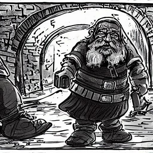 Prompt: two dwarves and a halfling in a sewer watching a city burn, fantasy