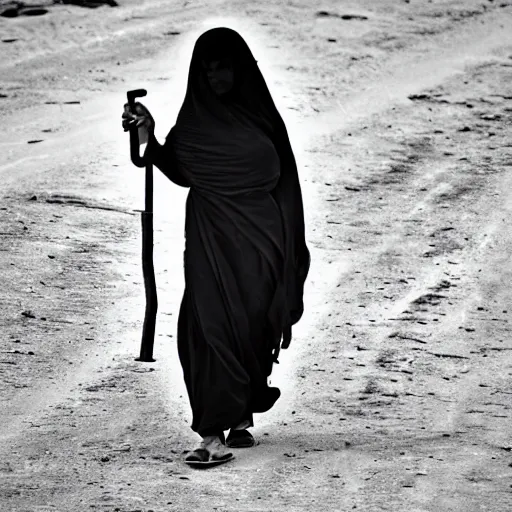 Image similar to 8 k uhd black and white portrait from burqa woman carrying a riffle's, 8 k uhd character details, national geography winning photo contest