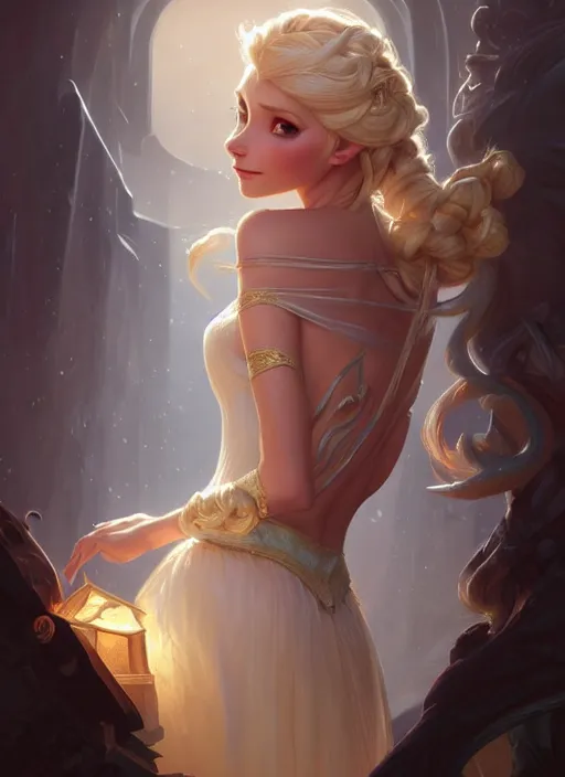 Image similar to elsa, d & d, fantasy, intricate, elegant, highly detailed, digital painting, artstation, concept art, matte, sharp focus, illustration, hearthstone, art by artgerm and greg rutkowski and alphonse mucha