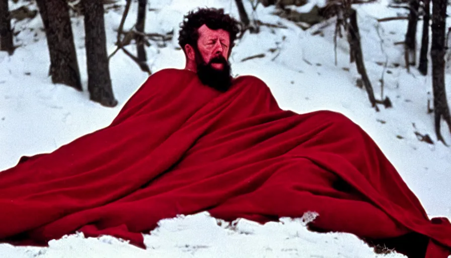 Image similar to 1 9 6 0 s movie still close up of marcus aurelius tired in a royal amor with red cape frozen to death under the snow by the side of a river with gravel, pine forests, cinestill 8 0 0 t 3 5 mm, high quality, heavy grain, high detail, texture, dramatic light, anamorphic, hyperrealistic, detailed hair, foggy