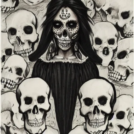 Image similar to scrawny teenage girl with short black hair and black irises. black and white skull facepaint. pointed face. black robes, corset of rib bones, bone ear piercings. femme-androgynous. surrounded by skeletons. skulls in hands, black white and light blue color scheme, baroque, by Michelangelo, high detail