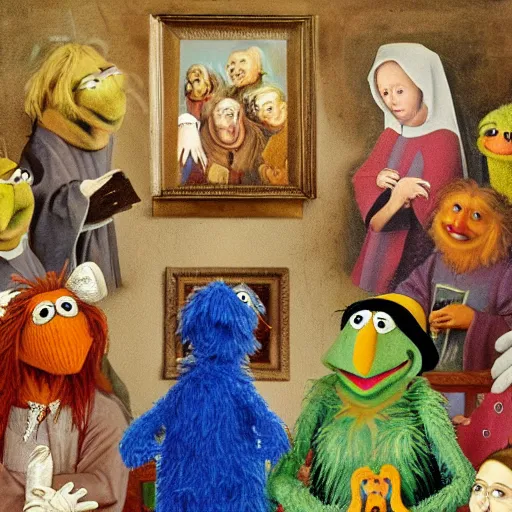 Image similar to painting of muppets at church, in the style of hieronymus bosch and johannes vermeer