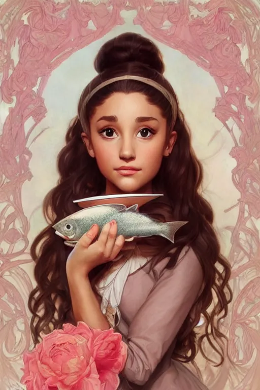 Prompt: beautiful cottagecore Ariana Grande holding a salmon colored vase. intricate, elegant. highly detailed, digital painting, artstation, concept art, smooth, sharp, focus, illustration. . art by artgerm and greg rutkowski and alphonse mucha