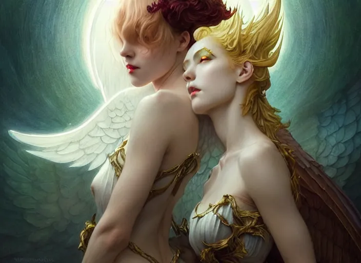 Image similar to portrait of demonic woman and angelic woman, confident pose, pixie, genshin impact, intricate, elegant, sharp focus, soft bokeh, illustration, highly detailed, concept art, matte, trending on artstation, bright colors, art by wlop and artgerm and greg rutkowski, mucha, giger, marvel comics