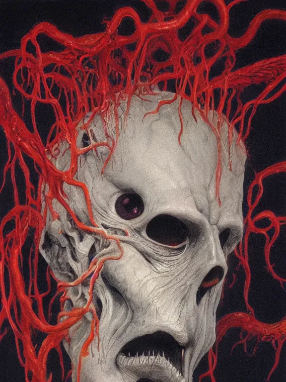 Image similar to painting by wayne barlowe of a flying sorrowful looking severed human head with tears running down it's eyes, face that is chalk white in color, with long sprawling white tentacles stemming down it's neck, fiery scorching red eyes, flying in a terrying hellish dark cavernous place