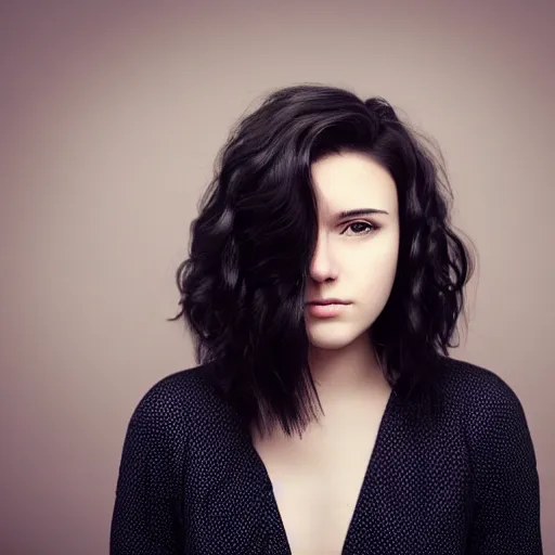 Image similar to a photo of a young woman with short wavy black hair. moody melanchonic.