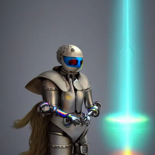 Image similar to 3 d render of light white rainbow medieval armour, waterfall, cybernetic mushroom people, tamborine, salt shaker, happy friend, fire, lamps, aurora, rave, isolate, wizard, ramen, wires, robot, money, corporate, business, pleading artstation hq, artstation hd, fantasy