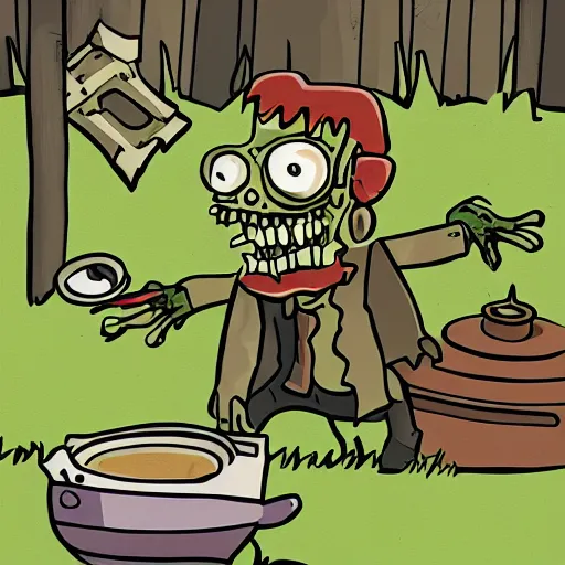 Prompt: a zombie puts out a bowl of soup as a trap for adventurers looking to loot his fake corpse, but they walk right past it and into a pitfall while he laughs at them from behind the bushes, digital art