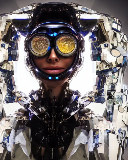 Image similar to centered portrait of soulful young brooke burke as a solarpunk mecha humanoid robotic parts wearing crystal goggles with bright led lights, real human face, pudica gesture bouguereau style, in white room, ultra - realistic and intricate, soft portrait shot 8 k