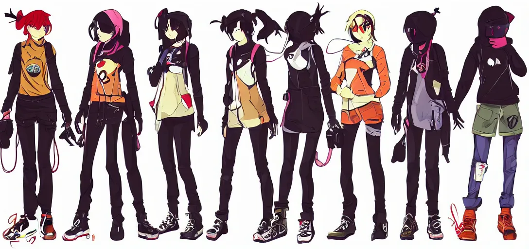 Image similar to character sheet concept art of female video game characters inspired by flcl, unique silhouettes, cute casual streetwear, by marc brunet and artgerm