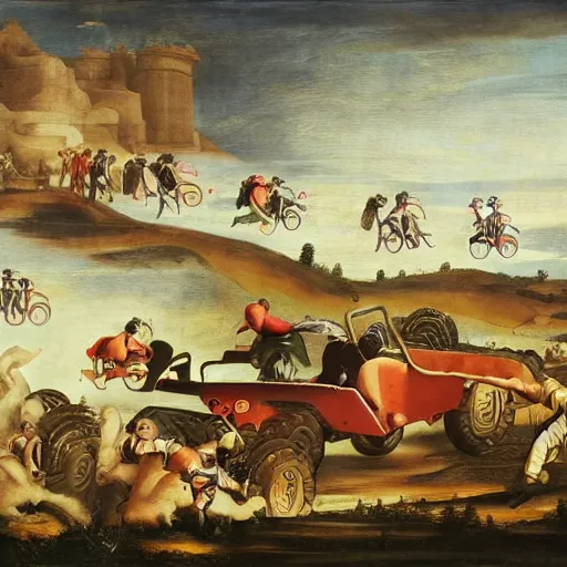 Image similar to all terrain vehicle race, renaissance composition