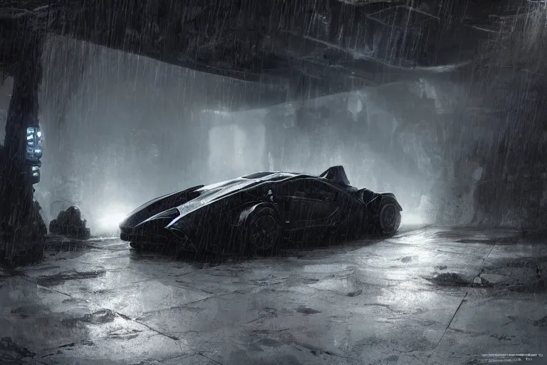 Image similar to the batmobile standing in a very dark and wet cave. highly detailed. intricate. mist. atmospheric. octane render. rim light. photoreal. 8 k. monochrome. cinematic. matte painting imagined by craig mullins and greg rutkowski. concept art, trending on artstation.