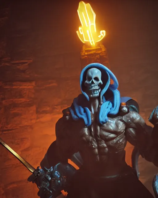 Image similar to closeup skeletor action figure in a castle, rim lighting, octane, Natasha Tan, Maciej Kuciara, Edgar Rice Burroughs,