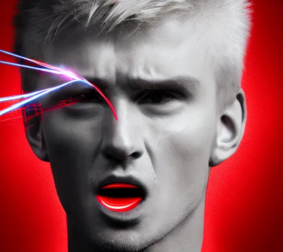 Image similar to hyper realistic portrait of a man with blonde two sides hair and thin face lines, he is throwing red lasers with his eyes and is very angry