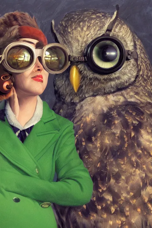 Prompt: the full body of a giant fat owl and a woman, close up portrait, ww 2 pilot goggles, fine facial features, feathers, symmetrical, sad, blue skin, green hair, in a forrest, inspired by edward hopper and grand budapest hotel, high resolution, octane render, high detailed masterpiece painting