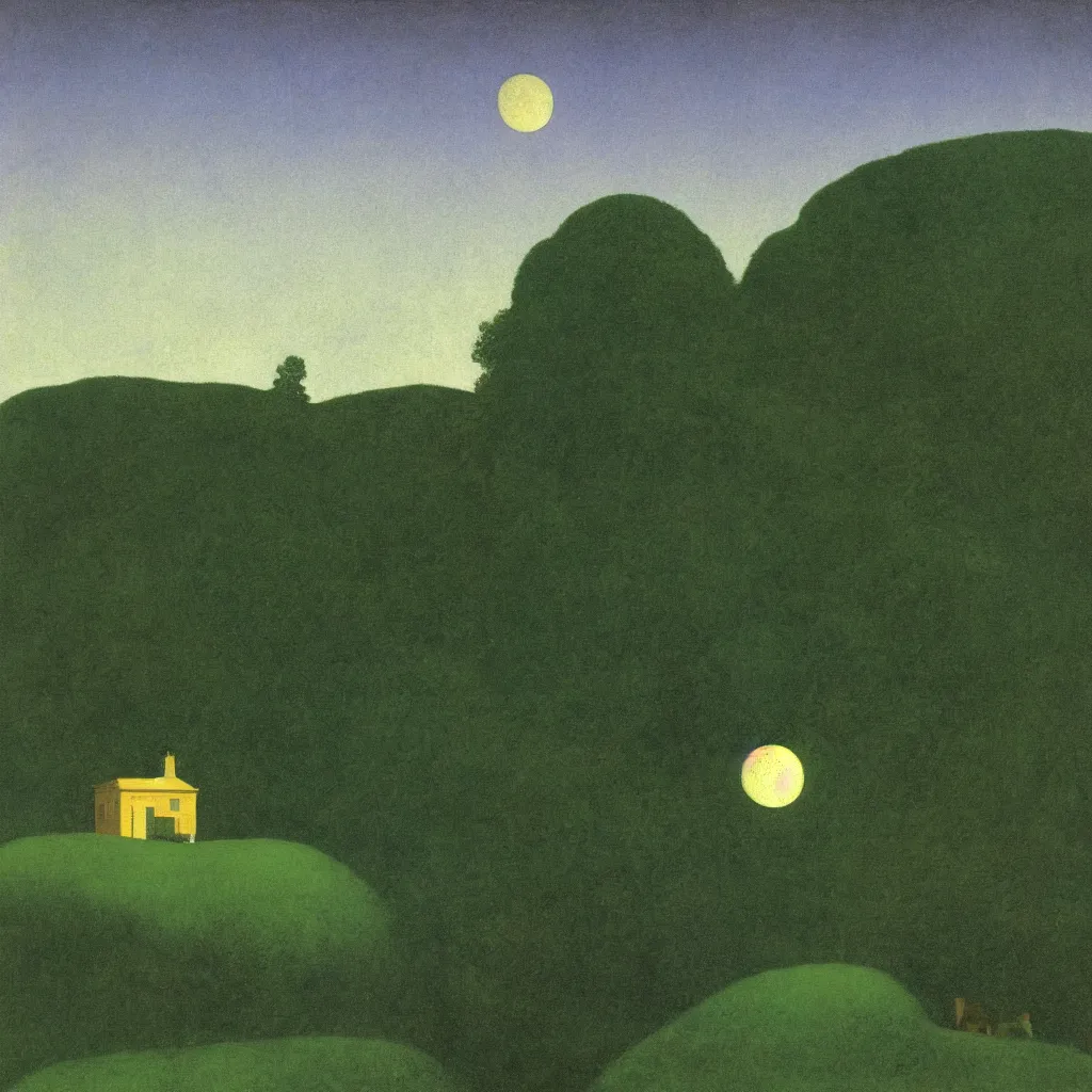 Prompt: painting of a small green house on a hill, with a forest behind it and the moon setting, by maxfield parrish, by rene magritte