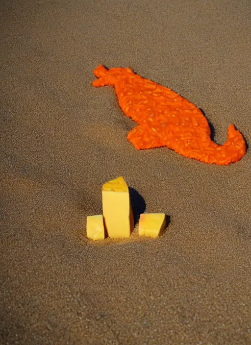 Image similar to godzilla as cheese on the sand of a beach