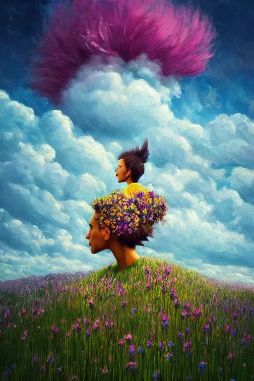 Image similar to closeup, huge flowers as head mohawk, woman in heather field, surreal photography, starlight, storm clouds, impressionist painting, digital painting, artstation, simon stalenhag