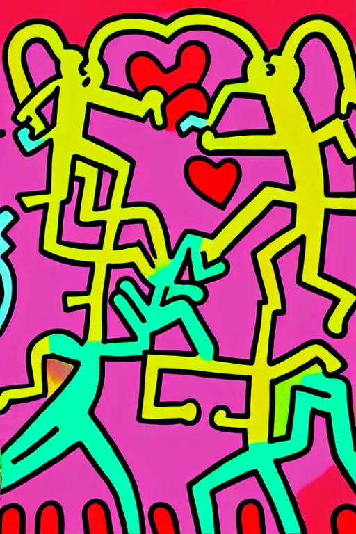 Prompt: colorful illustration of love by keith haring, artistic, eclectic, highly detailed, digital painting, concept art, smooth, sharp focus, illustration, art by keith haring