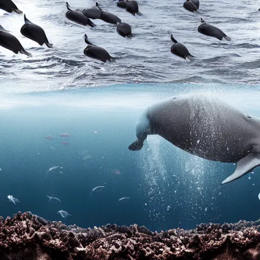 Prompt: hyperrealistic underwater photography, panoramic picture of an ocean floor with in the distance some baluga whales. focus on the whales. the whales are anatomically correct and highly detailed. lots of bubbles. seaweed and some rocks. gloomy scattered light entering from the water surface, trending on artstation, hq, 8 k