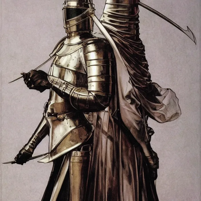 Prompt: teutonic knight, full body, high fashion, latex, rubber, sharp, flowing, slick, highly detailed, motion, concept art, smooth, sharp focus, hd, art by alphonse mucha and caravaggio and annie leibovitz