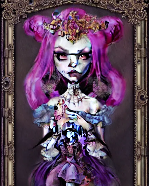 Image similar to maximalist baroque bedazzled gothic royalty frames surrounding a watercolor portrait of maximalist monster high draculaura doll, stephen bliss, unreal engine, by greg rutkowski, loish, rhads, makoto shinkai and lois van baarle, ilya kuvshinov, rossdraws, global illumination, radiant light, detailed and intricate environment, watercolor lighting