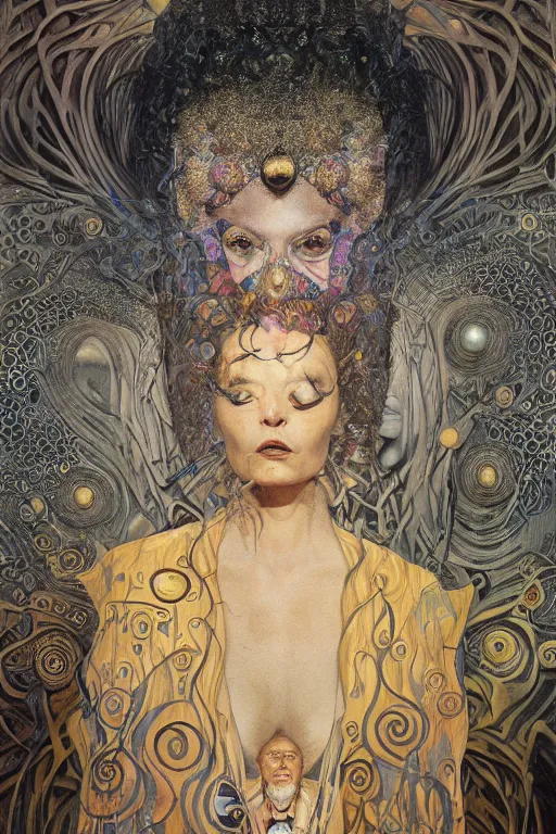 Image similar to Divine Chaos Engine portrait by Karol Bak, Jean Deville, Gustav Klimt, people looking at a large painting wearing oculus in a contemporary museum, dark, intricate, realistic detailed image of a semi overhead view of an old couple sitting on a couch highly detailed, smooth, artstation, digital illustration by moebius. James jean graffiti. Artgerm and Franics Bacon and Greg Rutkowski and Zdzislaw Beksinski