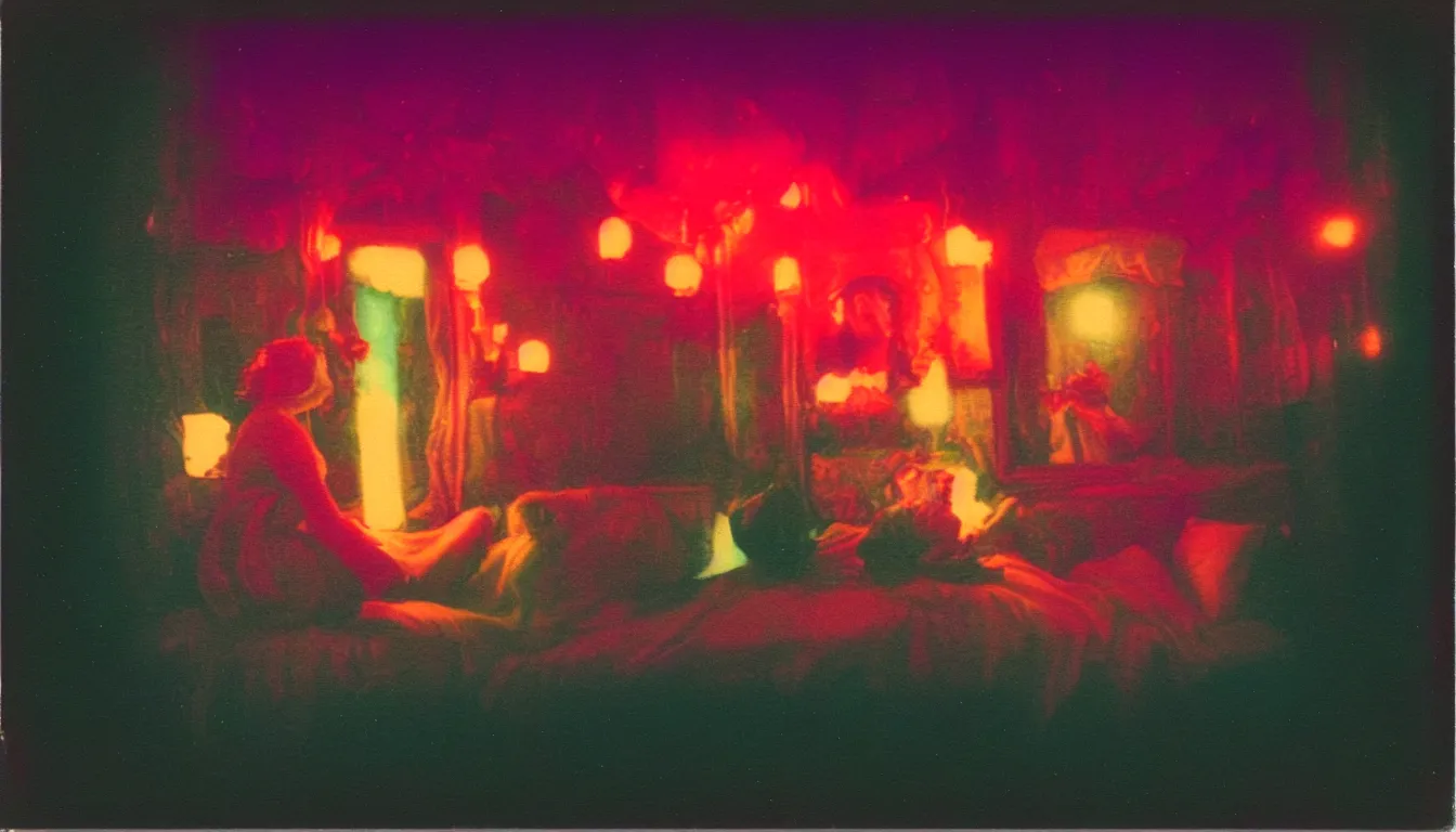 Image similar to colorful instant photograph of lady of shalott in jello in a city at night, polaroid, light leak, raw, nostalgic