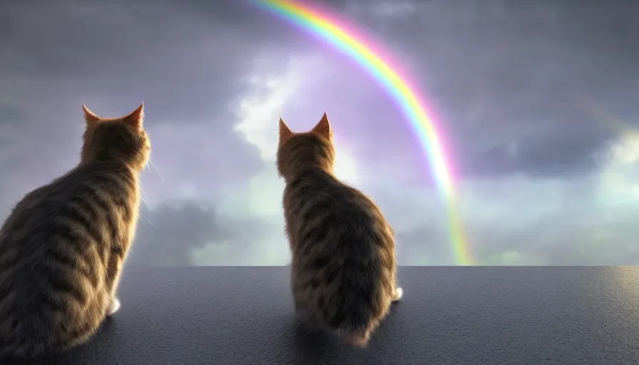 Image similar to back view of cats looking at rainbow, volumetric light, cloudy sky, hyperdetailed, artstation, cgsociety, 8 k