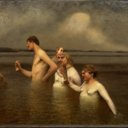 Image similar to the dream of the walrus and the swimmers in oslo, by odd nerdrum, oil on canvas, 1 9 8 3, high resolution