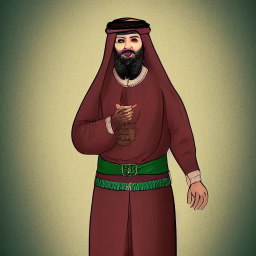 Image similar to middle ages middle eastern colored clothing, middle aged man, dark complexion, well trimmed beard, portrait full body view, defined jawline, middle easter contemporary artstyle