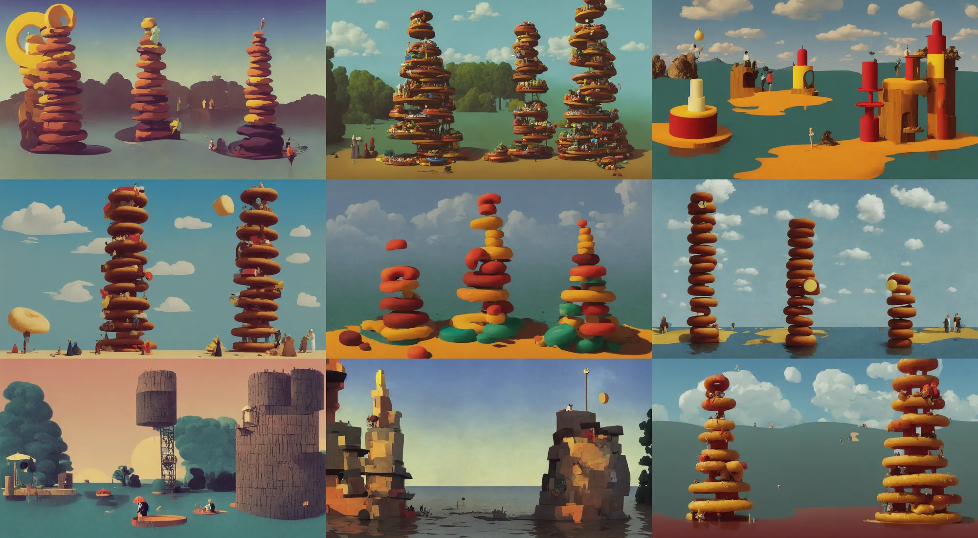 Prompt: single flooded simple wooden donut tower, very coherent and colorful high contrast!! masterpiece by rene magritte simon stalenhag carl spitzweg syd mead norman rockwell edward hopper james gilleard, minimalist, dark shadows, sunny day, hard lighting