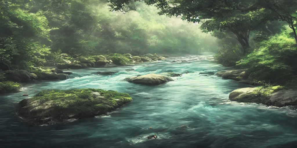 Prompt: a river, cinematic angle, studio Ghibli, digital art, cinematic lighting, detailed oil painting, hyperrealistic, 8k