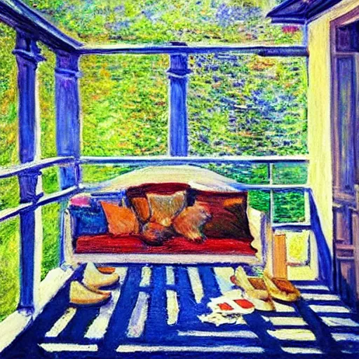 Image similar to “sunlit balcony with outdoor sofa, backgammon, a pair of shoes, peaceful, nostalgic, in the style of Monet”