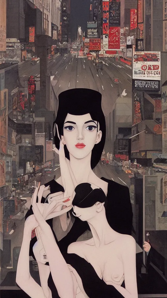 Image similar to a tall and beautiful pale woman with very black hair with a crown on her head walk in the streets of new york circa 1 9 8 4 edward hopper and james gilleard, surreal, open ceiling, highly detailed, airbrush, ilya kuvshinov, wlop, stanley artgerm, very coherent, art by takato yamamoto and james jean