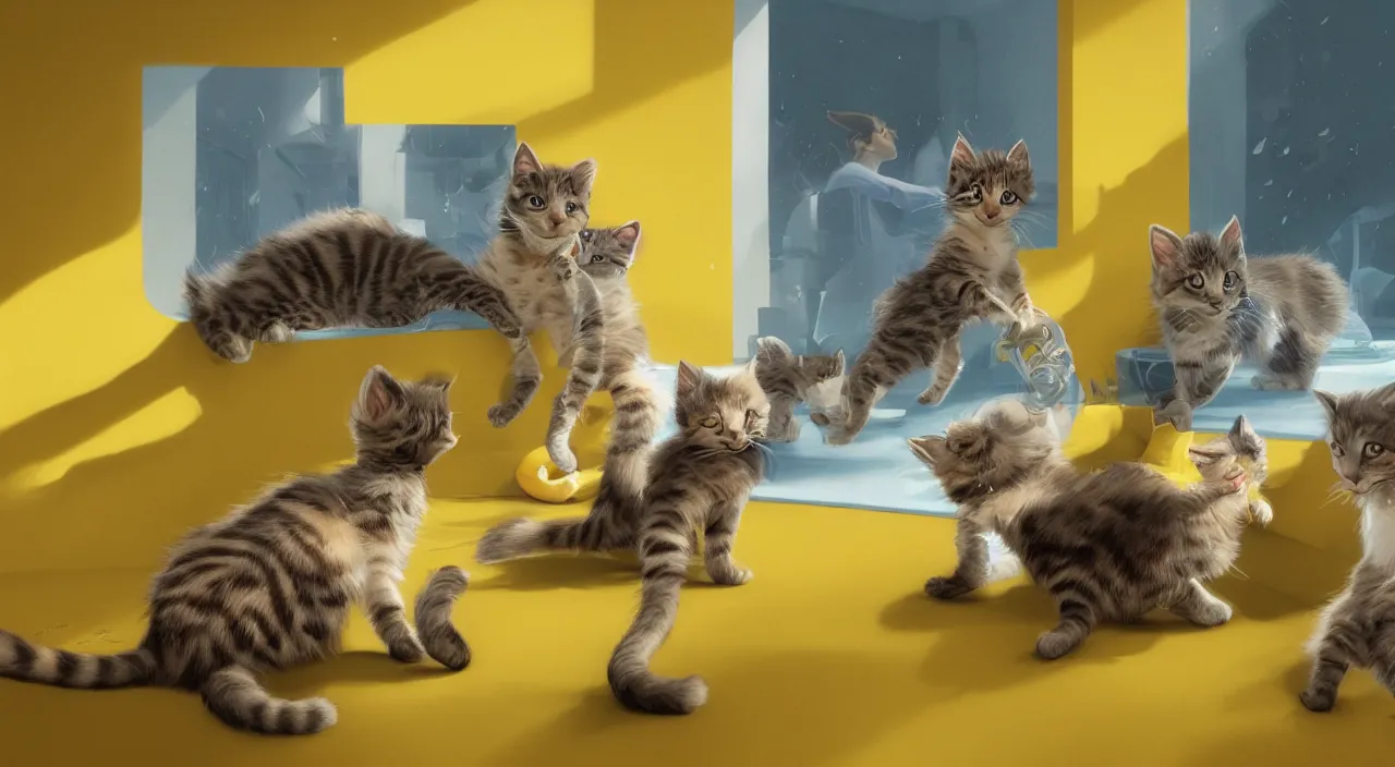 Prompt: some kittens playing around in a room with yellow background color. next to the kittens was a car. animal cat. digital art. artstation. realistic. vibrant. illustration. in the style of pixar movie. octane render. art by artgerm and greg rutkowski and alphonse mucha. volumetric lighting. distance shot.