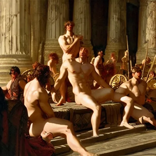 Image similar to hercules watches achilles while they wait in line to worship at zeus'feet, throne of olympus, heavenly marble, gods and goddesses in elegant clothes, painting by gaston bussiere, craig mullins, j. c. leyendecker, tom of finland