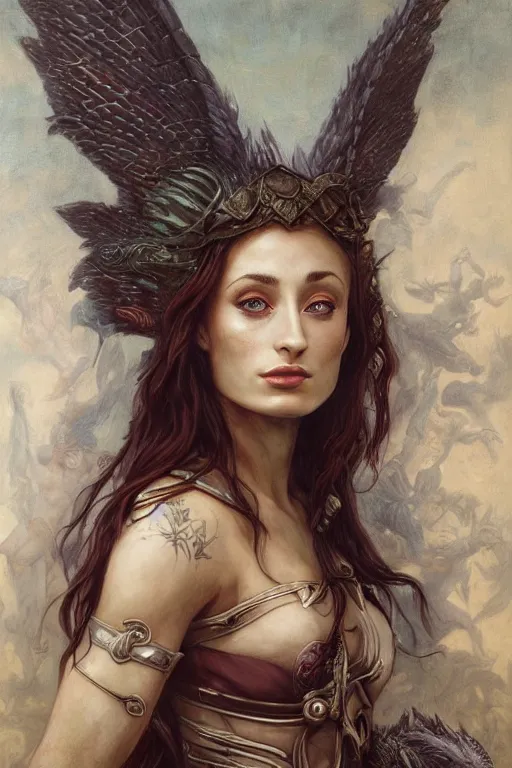 Image similar to A fantasy comic book style portrait painting of, hybrid, Oona Chaplin, Sophie Turner, as an Atlantean, Reptilian Warrior, Mystical Valkyrie, François Boucher, Oil Painting, unreal 5, DAZ, hyperrealistic, octane render, Regal, Refined, Detailed Digital Art, RPG portrait, Michael Cheval, William-Adolphe Bouguereau, Walt Disney (1937), Steampunk, dynamic lighting, Highly Detailed, Cinematic Lighting, Unreal Engine, 8k, HD