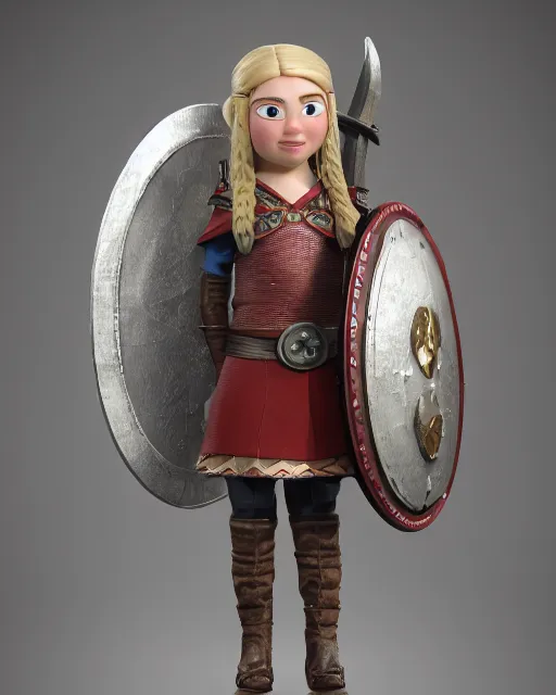 Prompt: a toy of a viking girl with her shield raised to defend, pixar style, authentic viking armor, historically accurate, clean detail, symmetrical, octane render, studio lighting