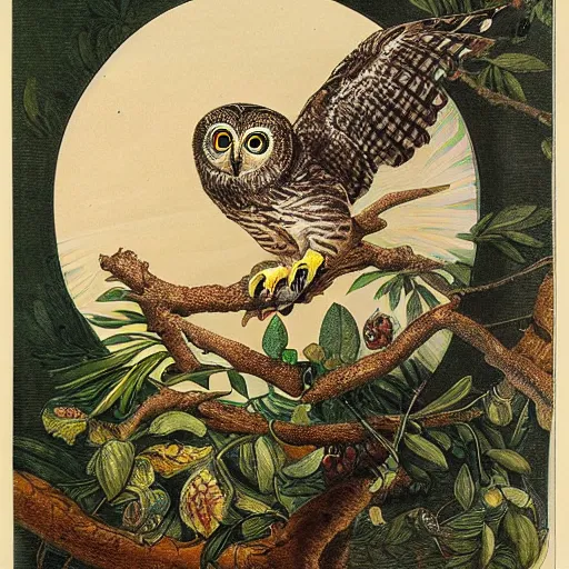 Prompt: owl, extremely detailed masterpiece, illustration, colorful, by audubon,