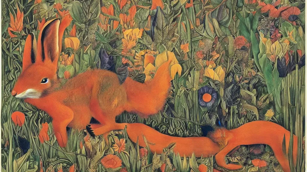 Prompt: a rabbit, a fox, by frida kahlo, chinese painting, tonal colors, insanely detailed and intricate, hypermaximalist, elegant, ornate, hyper realistic, super detailed, cuddling together in a colorful meadow