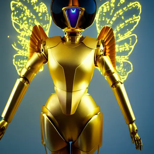 Prompt: maria of metropolis, humanoid robot, golden full body armor, wide open wings, beautiful helmet in the shape of a face, glowing yellow eyes, scifi, glowwave, background made of giant flowers, futuristic, raytracing, cinematic lighting, artstation, divine, unreal engine 5 rendered, art style by pixar warner bros dreamworks disney and kazuya takahashi