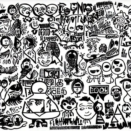 Prompt: black and white composition of a variety of seperate doodles, drawings, faces, symbols, cartoons, lineart, cave drawing, silhouette, tattoo, chinese ink brush, app icon