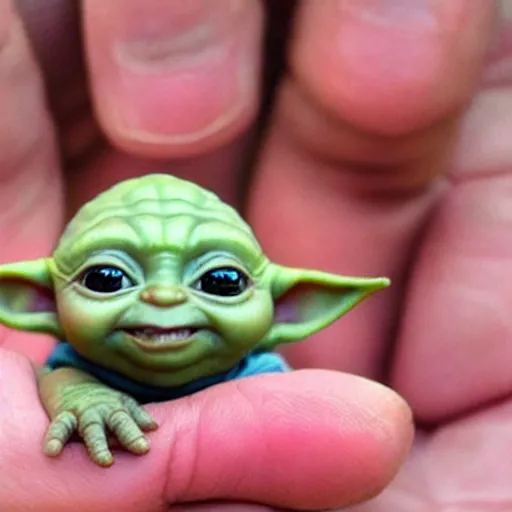 Image similar to a tiny pigmy baby yoda-Shrek Shrek Shrek hybrid in the palm of a person's hand, super cute