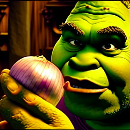 Image similar to a dramatic cinematic shot of shrek eating an onion, 8 k, ultra - realistic