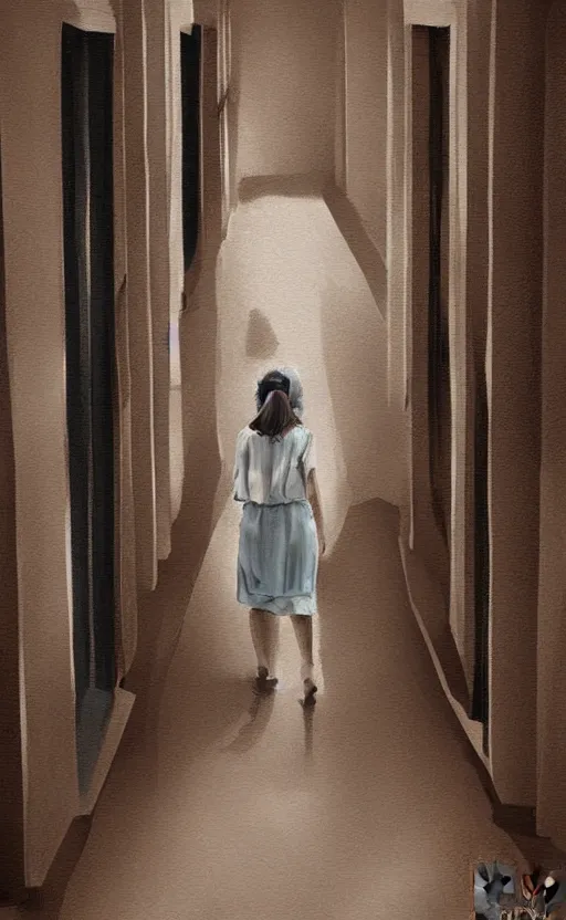 Image similar to servant girl walking in hallway, half turned around, full body, realistic, digital painting